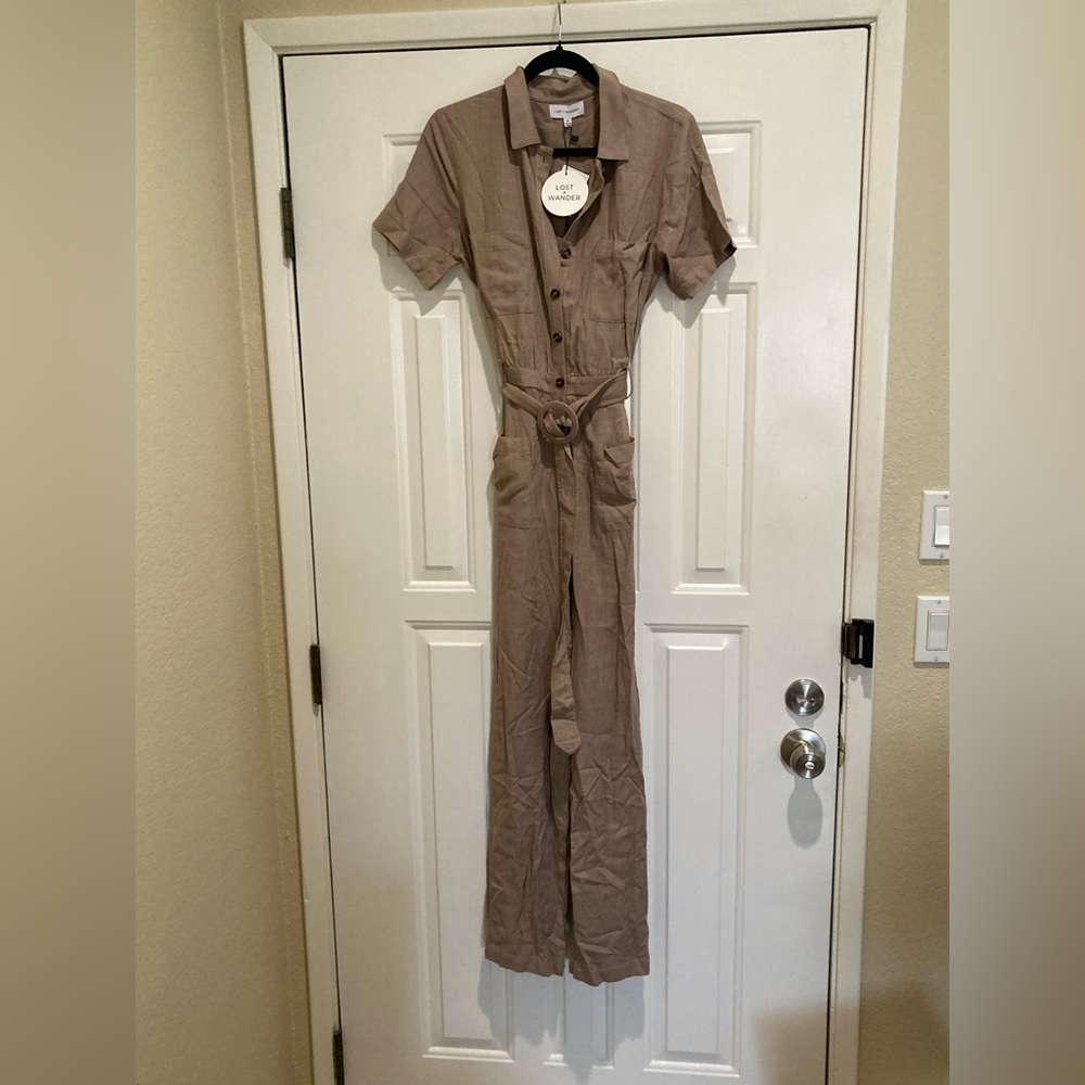 Lost + Wander Tan Button-Up linen blend wide leg Jumpsuit with Belt